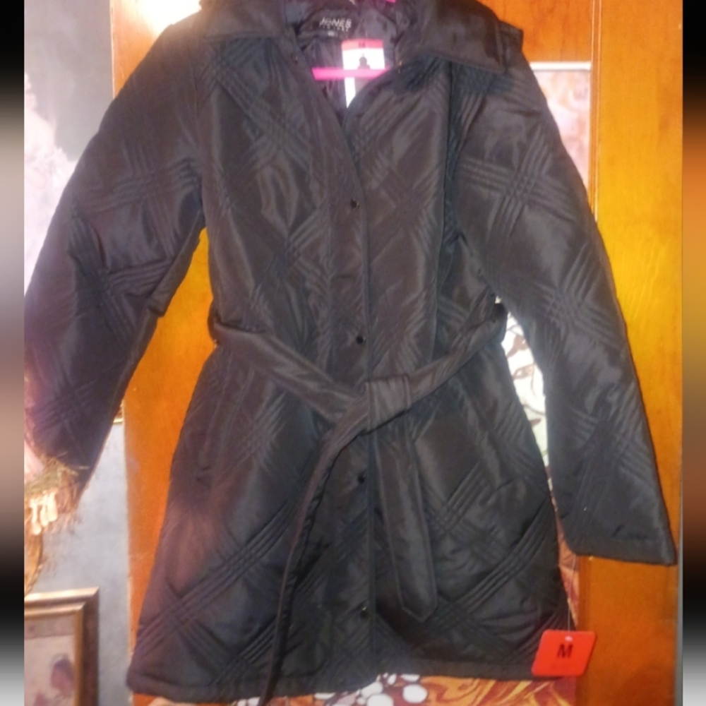 Black Quilted Belted Puffer Coat New With Tag Jones New York Med